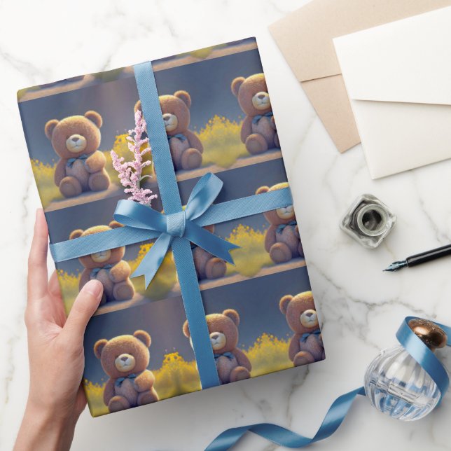 Papier Cadeau Ours en peluche dans une prairie, enfants mignons  (Cadeaux)