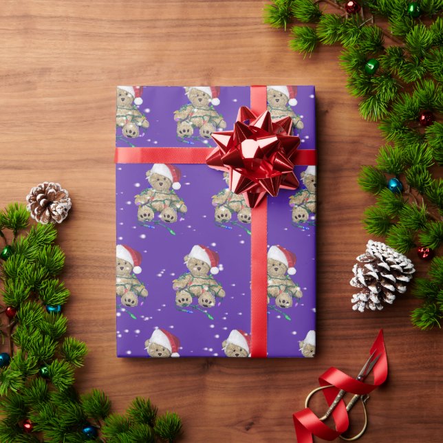 Papier Cadeau Ours en peluche de Noël dans des lumières emmêlées (Cadeau de vacances)