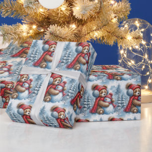 Papier Cadeau Ours en peluche d'hiver et Snowman