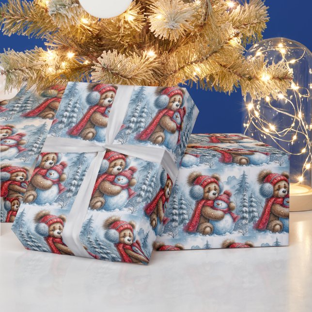Papier Cadeau Ours en peluche d'hiver et Snowman (Vacances)
