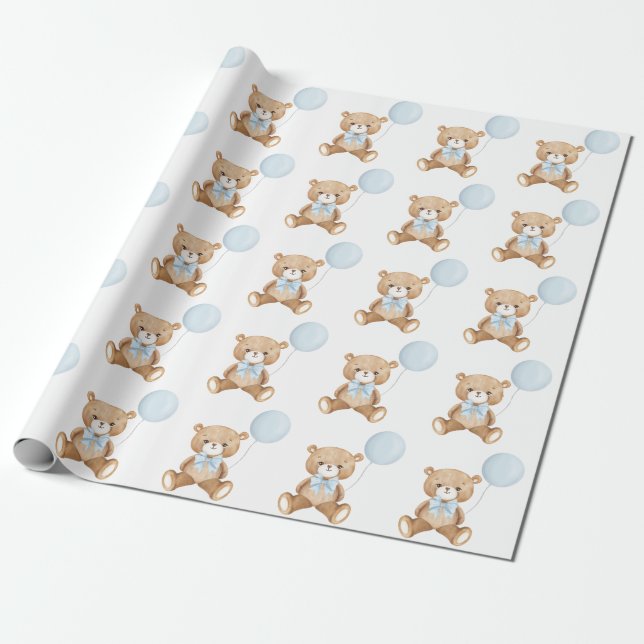 Papier Cadeau Ours en peluche doux avec Balloon bleu pastel doux (Déroulé)