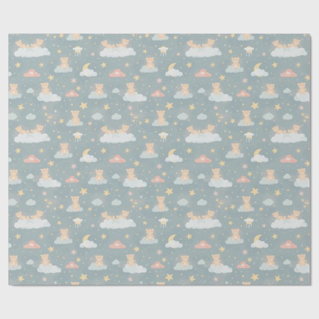 Papier Cadeau Ours en peluche fantaisiste sur une nuit nuageuse (Plat)