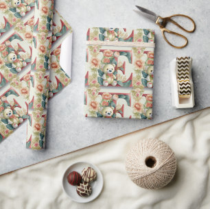 Papier Cadeau Ours en peluche floral lettre E