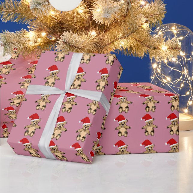 Papier Cadeau Ours en peluche mignon avec chapeau de Noël rose (Vacances)