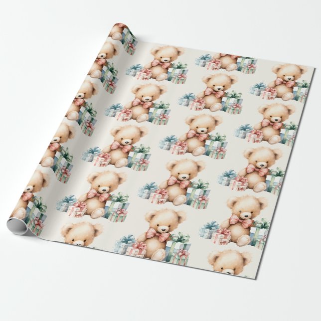 Papier Cadeau Ours en peluche mignonne avec cadeaux de Noël (Déroulé)