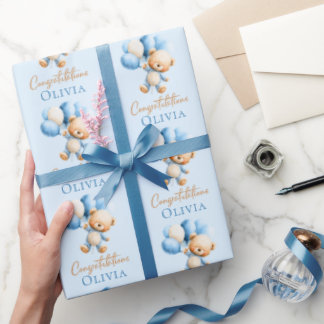 Papier Cadeau Ours en peluche personnalisé pour Baby Shower garç