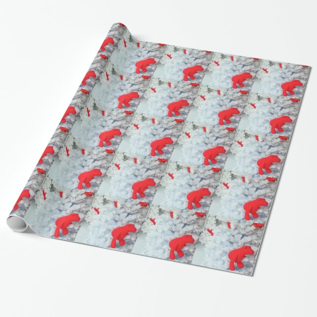 Papier Cadeau Ours en peluche rouge dans l'arbre de Noël (Déroulé)