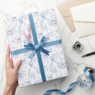 Papier Cadeau Ours en peluche Toile et fleurs bleu poussiéreux B