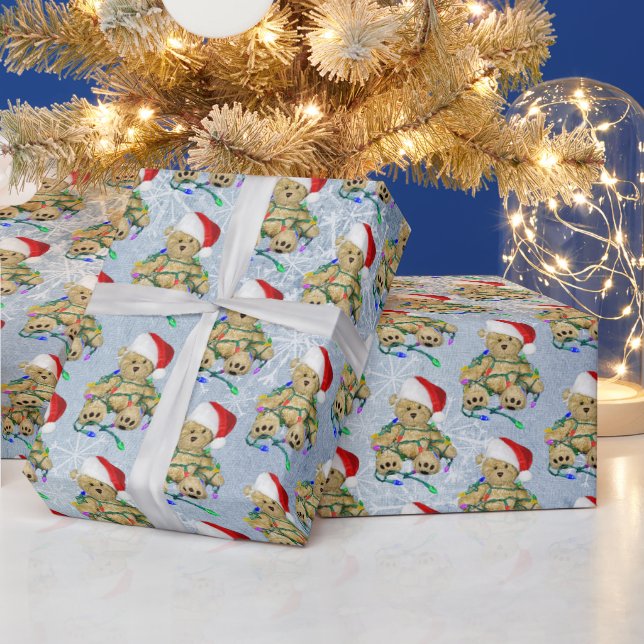 Papier Cadeau Ours En Teddy Dans Les Lumières De Noël En Tangue (Vacances)