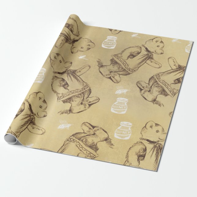Papier Cadeau Ours et miel d'antiquité (Déroulé)