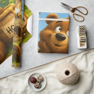 Papier Cadeau Ours mignon avec baril de miel et abeilles joyeuse
