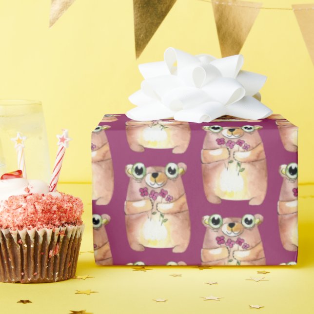 Papier Cadeau ours mignon avec bouquet de fleurs (Fête d'anniversaire)