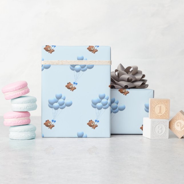 Papier Cadeau Ours mignon et ballons garçon (Baby Shower)