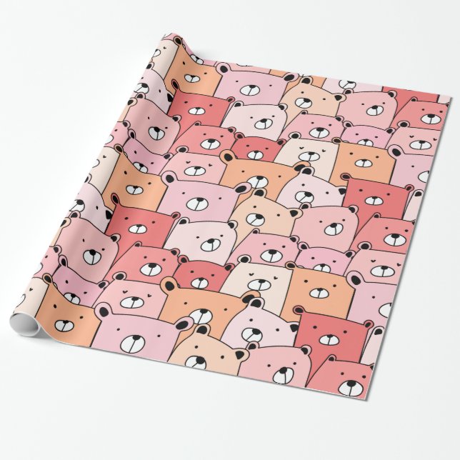 Papier Cadeau Ours mignons rose et orange (Déroulé)