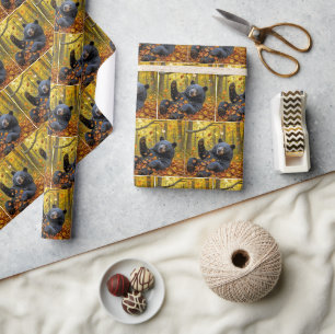 Papier Cadeau Ours Noir Dans Les Feuilles Automnes