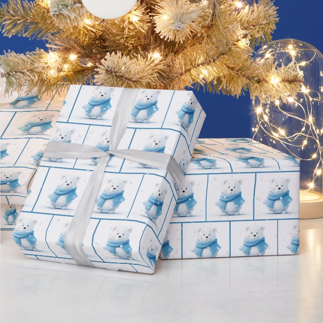 Papier Cadeau Ours Polaire De Noël Avec Écharpe Bleue (Vacances)