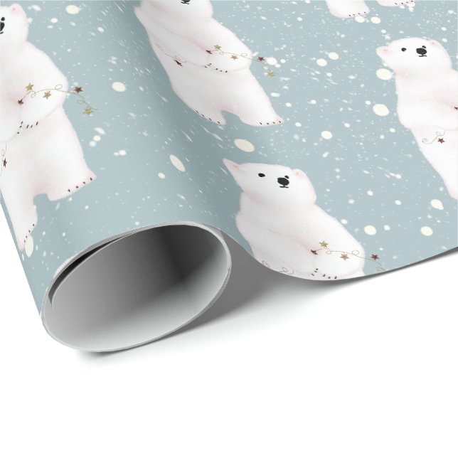 Papier Cadeau Ours polaire de Noël dans les flocons de neige env (Coin rond)