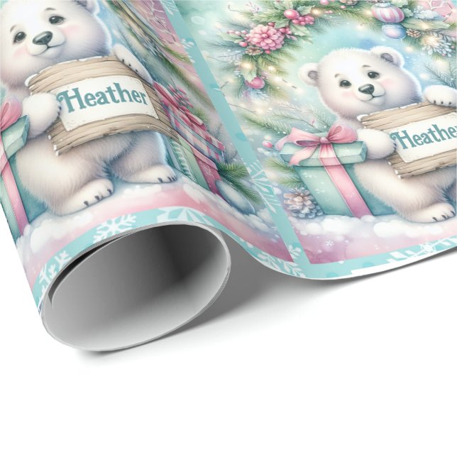 Papier Cadeau Ours polaire doux Personnaliser Nom Rouleau de Noë (Coin rond)