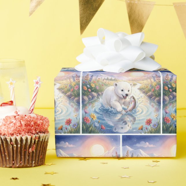 Papier Cadeau Ours polaire jouant avec un poisson (Fête d'anniversaire)