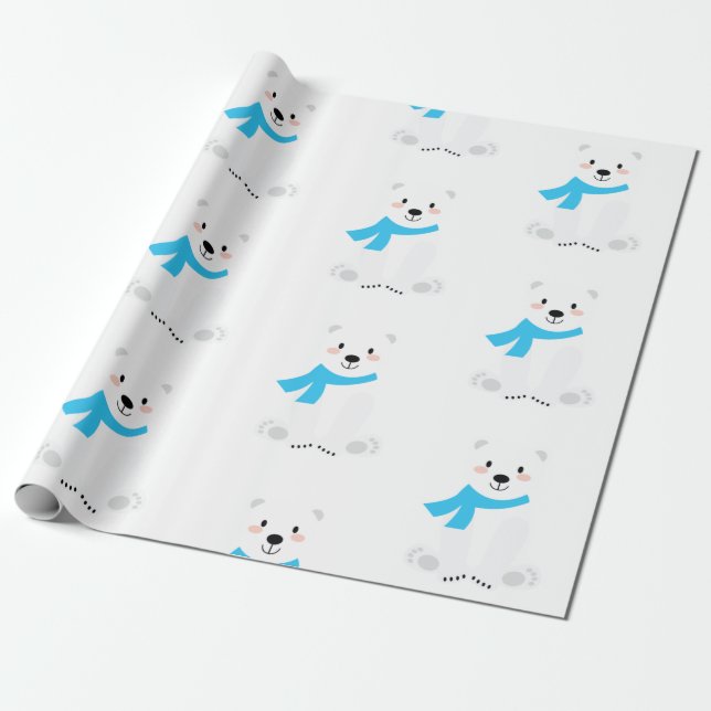Papier Cadeau Ours polaire mignon bébé garçon bleu (Déroulé)