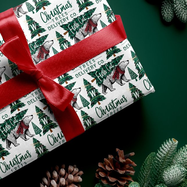 Papier Cadeau Ours Polaire Plaid Noël Arbres Livraison Monogramm (Plaid Polar Bear Christmas Trees Delivery Monogram Wrapping Paper)