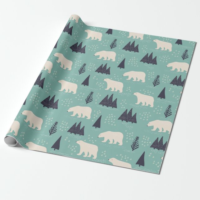 Papier Cadeau Ours polaires et arbres À feuillage persistant Mot (Déroulé)
