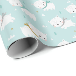 Papier Cadeau Ours polaires mignons avec foulards bleu clair