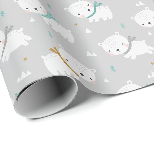 Papier Cadeau Ours polaires mignons avec foulards gris clair (Coin rond)