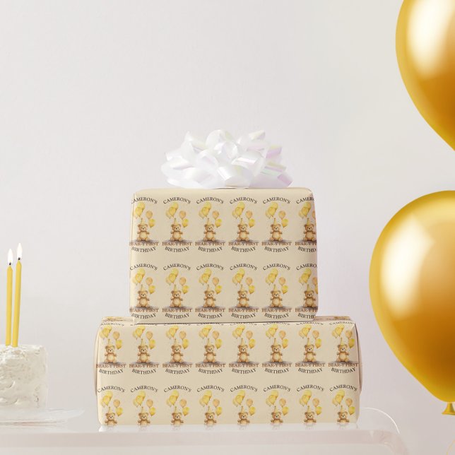 Papier Cadeau Ours Premier anniversaire Sexe Ours jaune neutre (Créateur téléchargé)