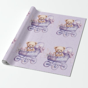 Papier Cadeau Ours Teddy Avec Lavender Carriage Girl Baby shower
