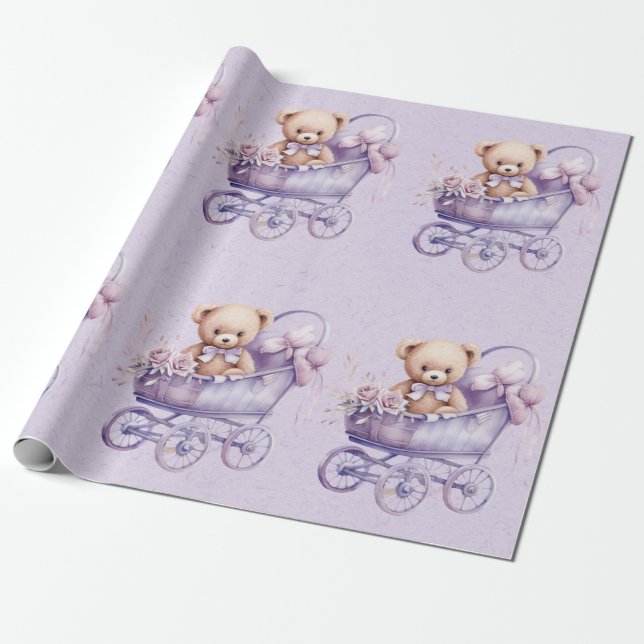 Papier Cadeau Ours Teddy Avec Lavender Carriage Girl Baby shower (Déroulé)
