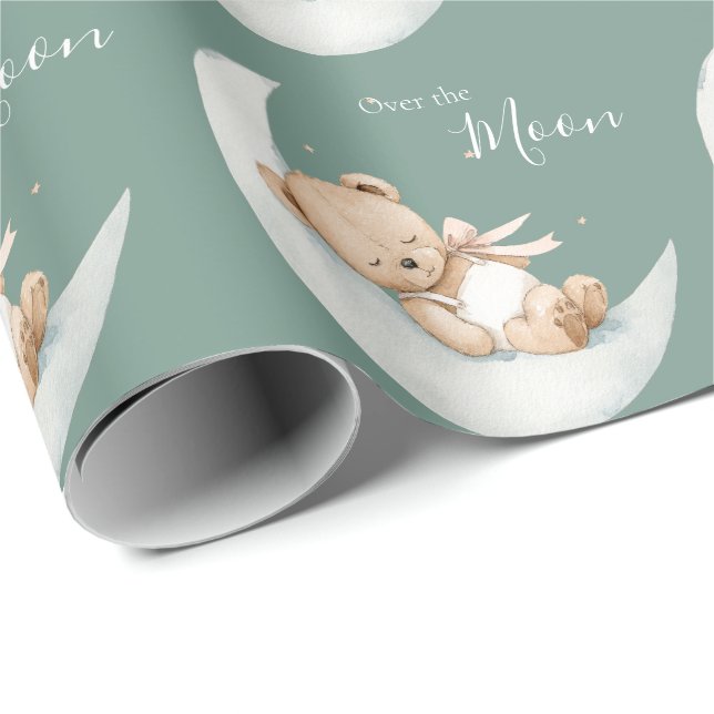 Papier Cadeau Over the Moon Bear Baby Shower (Coin rond)