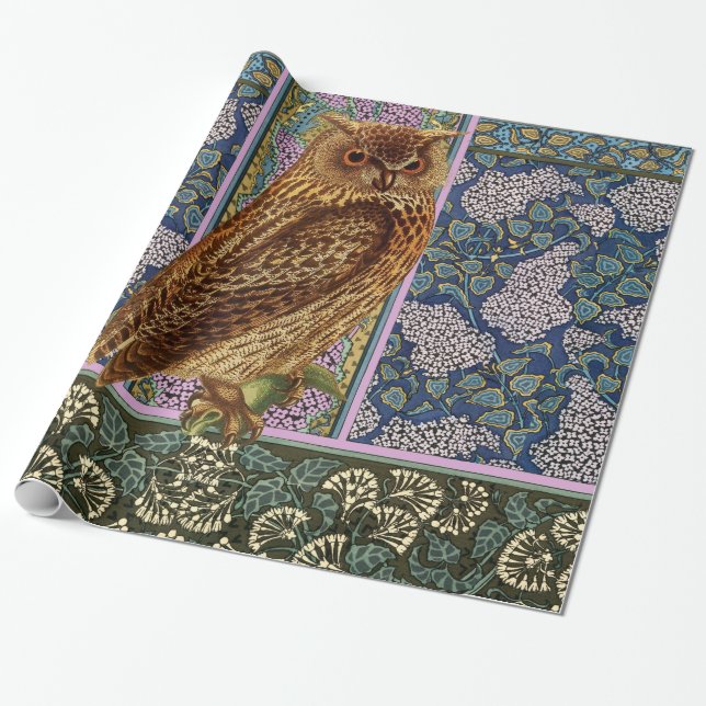 Papier Cadeau OWL DE NUIT, LILACS ET FEUILLE Art Nouveau Floral (Déroulé)