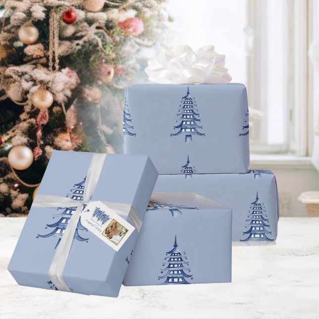Papier Cadeau Pagode bleue Dusty Arbre de Noël Motif Enveloppeme (Dusty Blue Pagoda Christmas Tree Pattern Wrapping Wrapping Paper)