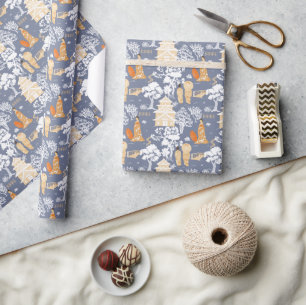 Papier Cadeau Pagode de la Chinoiserie bleue et orange