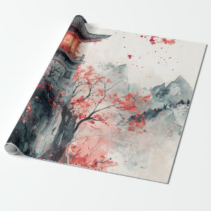 Papier Cadeau Pagode Sakura Cramoisi Aquarelle