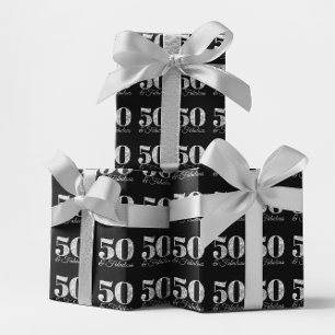 Papier Cadeau Pailleté Argent 50 & Fabuleux sur Fond Noir