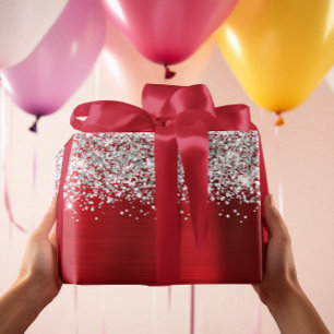 Papier Cadeau Pailleté Argent Rouge Glam