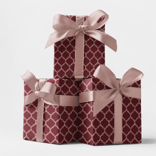 Papier Cadeau Pailleté de faux or rose et quatrefeuilles bordeau