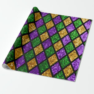 Papier Cadeau Paillette brillante verte, violette et dorée