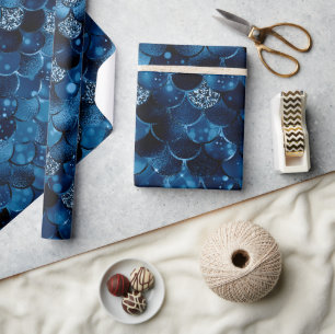 Papier Cadeau Paillettes de poisson sirène bleu royal élégantes