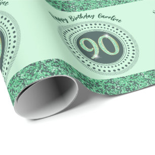 Papier Cadeau Paillettes Vertes Élégantes pour 90e Anniversaire