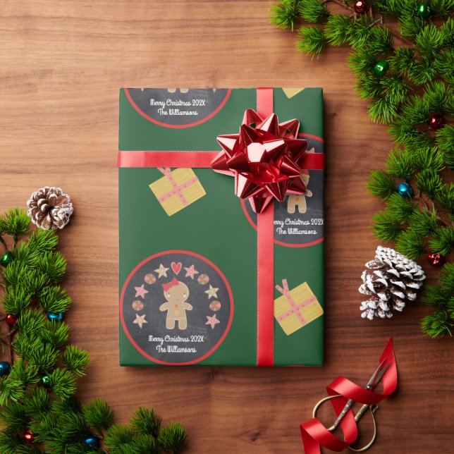 Papier Cadeau Pain d'épice vert Cookie Chalkboard Nom du script (Cadeau de vacances)