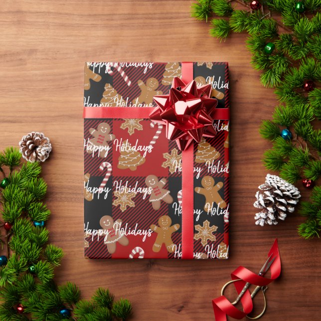 Papier Cadeau Pain d'épices Cookies et Sucres de canne sur Plaid (Cadeau de vacances)