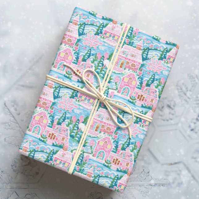 Papier Cadeau Pain d'épices de Noël rose et bleu neige Ville (Créateur téléchargé)