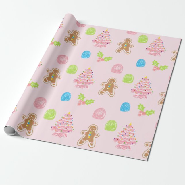 Papier Cadeau Pain d'épices Sucres Pastel Pink Papier à envelopp (Déroulé)
