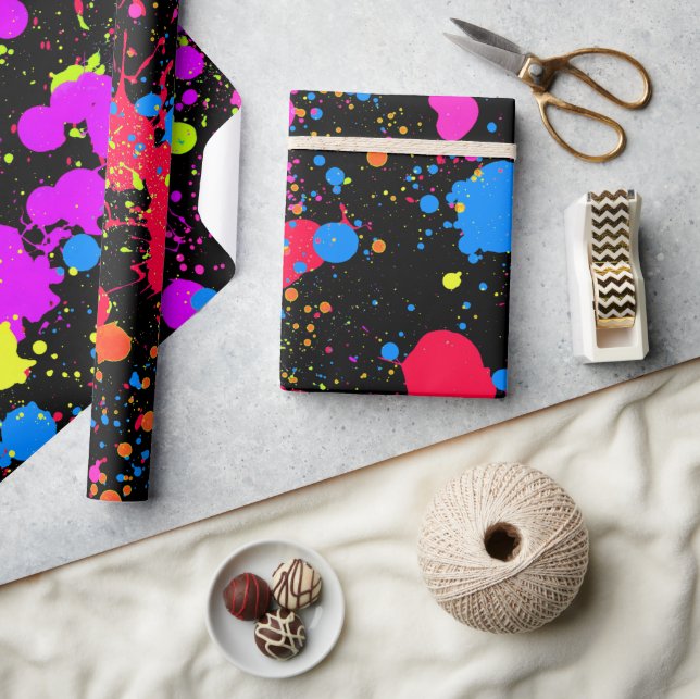 Papier Cadeau Paint Splatter Neon, Faux Glow in Dark, (Artisanat)