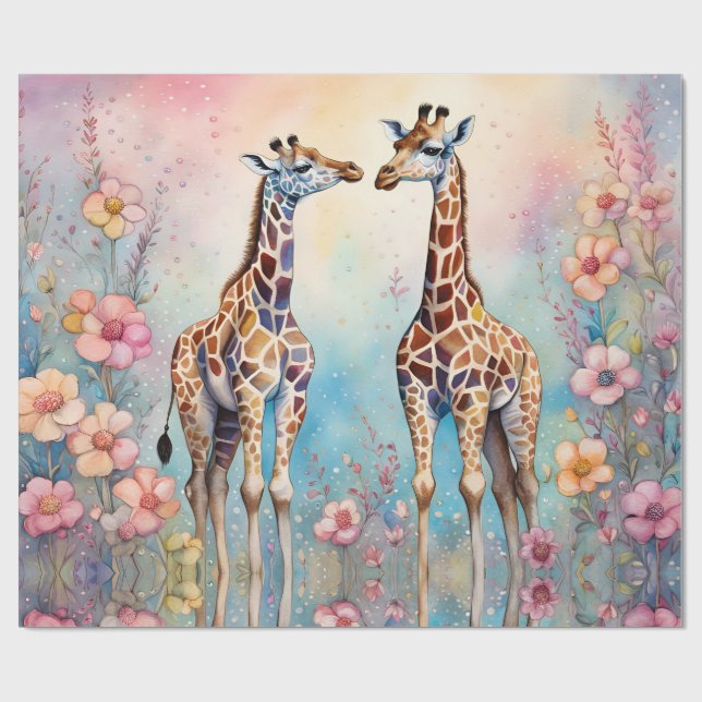 Papier Cadeau Paire de girafes en amour dans un jardin pastel (Plat)