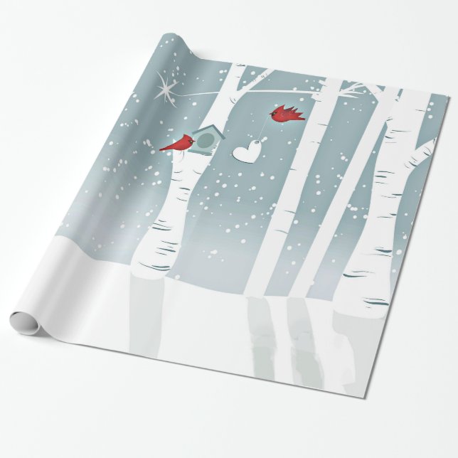Papier Cadeau Paires d'oiseaux cardinaux rouges en bois de Milou (Déroulé)