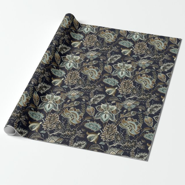 Papier Cadeau Paisley antique fleurit le motif noir d'arrière - (Déroulé)